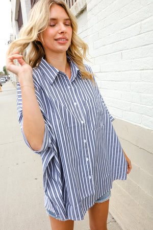 Put Together Blue & White Stripe Button-Down Dolman Sleeve Blouse