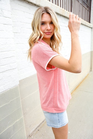 Weekend Ready Coral Collar Notch Neck Waffle Knit Top