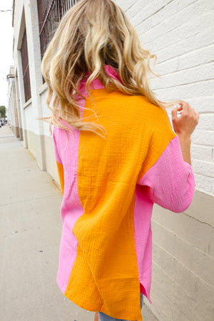 Boldy You Pink & Orange Cotton Color Block Button Down Shirt Top