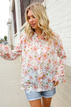 The Feminine Touch Chiffon Button-Down Floral Ruffle Sleeve Blouse