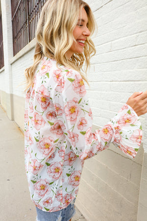 The Feminine Touch Chiffon Button-Down Floral Ruffle Sleeve Blouse