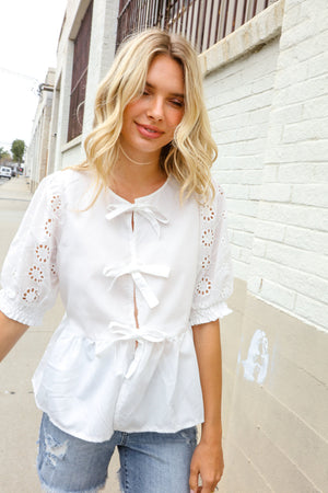 Charming In White Cotton Babydoll Bow Tie Eyelet Top