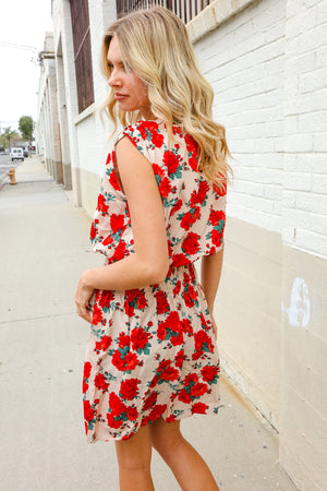 Whimsical in Red Floral Print Sleeveless Smocked Waist Dress