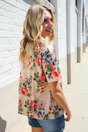 Weekend Ready Taupe Floral Print Short Sleeve Top