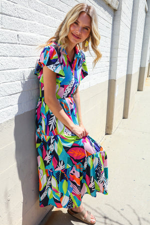 PLUS Feel Your Best Tropical Floral Collar V Neck Midi Dress