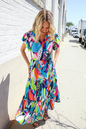 PLUS Feel Your Best Tropical Floral Collar V Neck Midi Dress