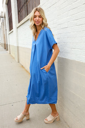 Casual Chic Blue Cotton V Neck Pocketed Midi Tunic