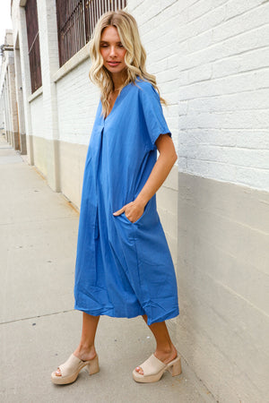 Casual Chic Blue Cotton V Neck Pocketed Midi Tunic