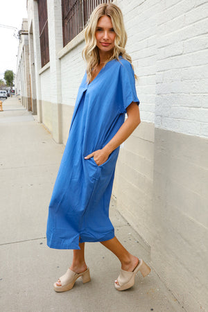 Casual Chic Blue Cotton V Neck Pocketed Midi Tunic