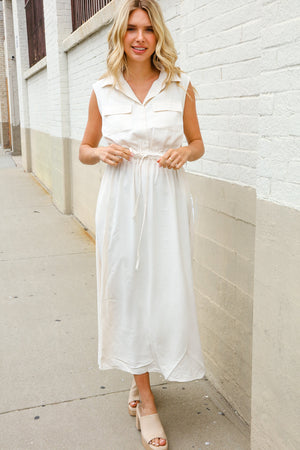 Put Together Ivory Cotton Collar Drawstring Waist Fit & Flare Midi