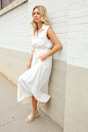 Put Together Ivory Cotton Collar Drawstring Waist Fit & Flare Midi