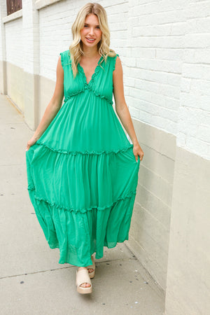 Find Love Green Sleeveless V Neck Frill Ruffle Tiered Lined Maxi