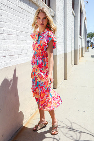 Can't Look Away Coral Flutter Sleeve Smocked Waist Floral Midi Dress
