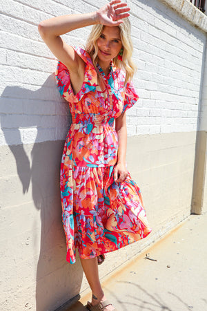 Can't Look Away Coral Flutter Sleeve Smocked Waist Floral Midi Dress
