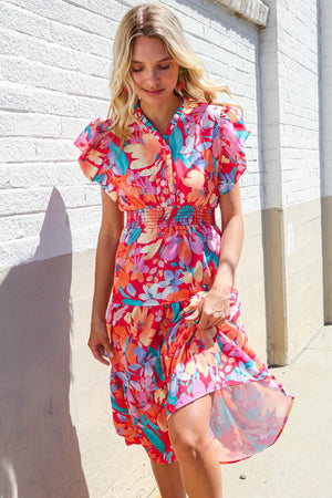 Can't Look Away Coral Flutter Sleeve Smocked Waist Floral Midi Dress