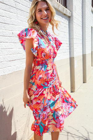 Can't Look Away Coral Flutter Sleeve Smocked Waist Floral Midi Dress