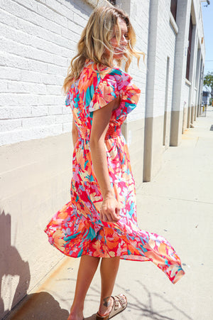 Can't Look Away Coral Flutter Sleeve Smocked Waist Floral Midi Dress
