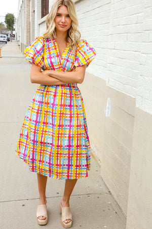 Charming in Multicolor Cotton Plaid Puff Sleeve Sweetheart Neck Dress