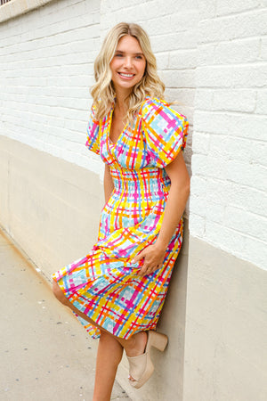 Charming in Multicolor Cotton Plaid Puff Sleeve Sweetheart Neck Dress
