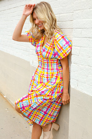 Charming in Multicolor Cotton Plaid Puff Sleeve Sweetheart Neck Dress