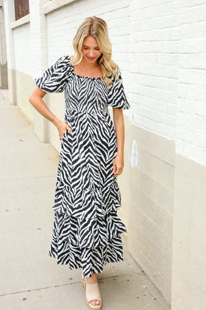 Look My Way Black/White Abstract Print Smocked Neck Maxi Dress
