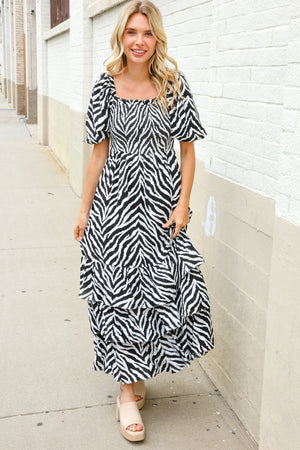 Look My Way Black/White Abstract Print Smocked Neck Maxi Dress