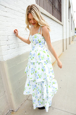 Stunning in Strap Bustier White & Blue Floral Tiered Chiffon Maxi Dress