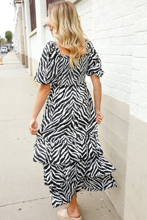 Look My Way Black/White Abstract Print Smocked Neck Maxi Dress