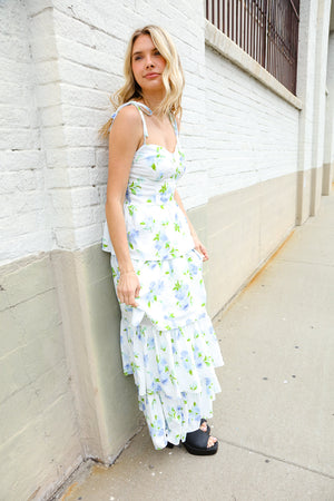 Stunning in Strap Bustier White & Blue Floral Tiered Chiffon Maxi Dress