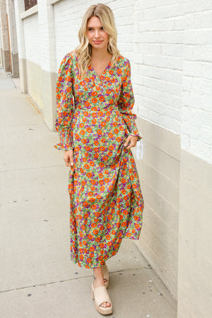 Dazzle in Silky Sage & Coral Floral V Neck Smock Ruffle Sleeve Maxi