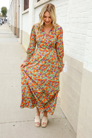 Dazzle in Silky Sage & Coral Floral V Neck Smock Ruffle Sleeve Maxi