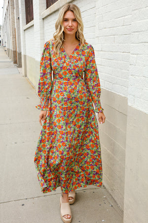 Dazzle in Silky Sage & Coral Floral V Neck Smock Ruffle Sleeve Maxi