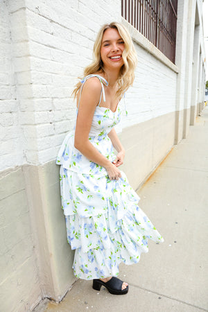 Stunning in Strap Bustier White & Blue Floral Tiered Chiffon Maxi Dress