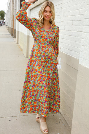 Dazzle in Silky Sage & Coral Floral V Neck Smock Ruffle Sleeve Maxi