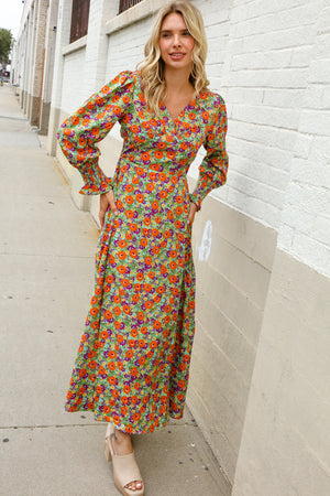 Dazzle in Silky Sage & Coral Floral V Neck Smock Ruffle Sleeve Maxi
