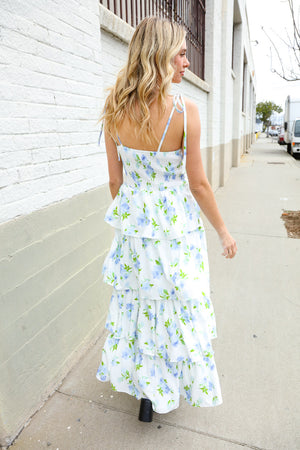 Stunning in Strap Bustier White & Blue Floral Tiered Chiffon Maxi Dress