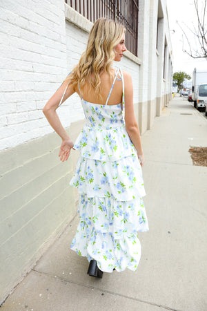 Stunning in Strap Bustier White & Blue Floral Tiered Chiffon Maxi Dress