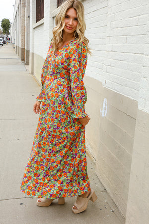 Dazzle in Silky Sage & Coral Floral V Neck Smock Ruffle Sleeve Maxi