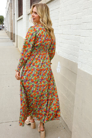 Dazzle in Silky Sage & Coral Floral V Neck Smock Ruffle Sleeve Maxi