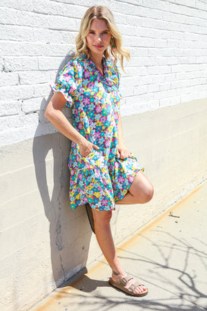 Classy Chic In Blue Smocked Notch Neck Babydoll Floral Print Dress
