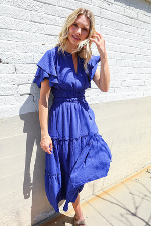Lock Eyes Solid Blue Smocked Notched Neck Flutter Sleeve Maxi