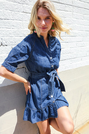 Put Together In Cotton Denim Button Down Belted Ruffle Mini Dress