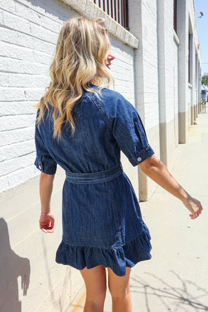 Put Together In Cotton Denim Button Down Belted Ruffle Mini Dress