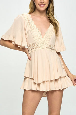 Flutter Sleeved Short Romper with Crochet Trim - Beige, White