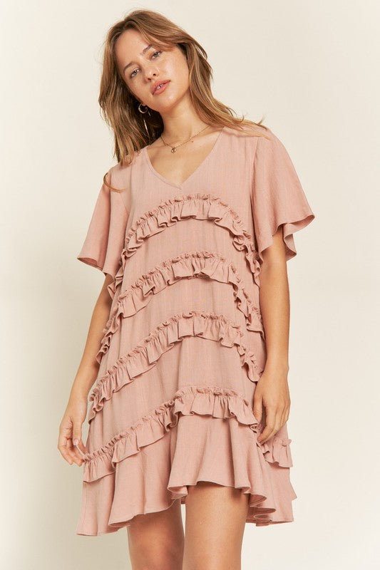 Tiered Ruffle Mini Dress - Light Mauve, Cement Grey