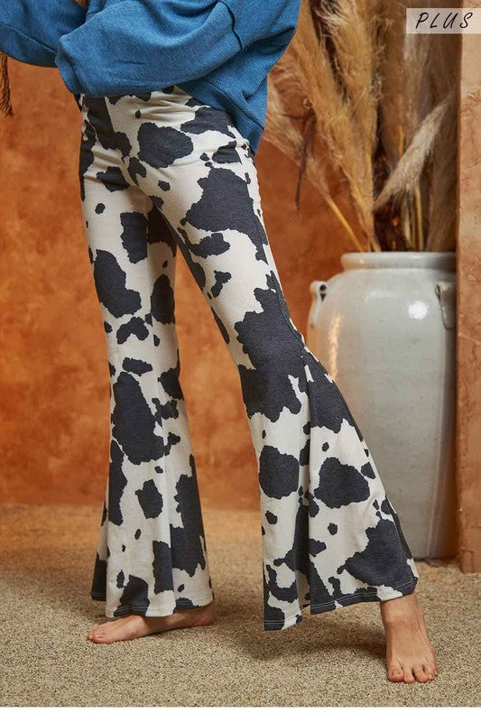 Western Cow Print Flared Pants Mocha Knitted Belle Boutique