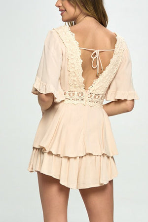 Flutter Sleeved Short Romper with Crochet Trim - Beige, White