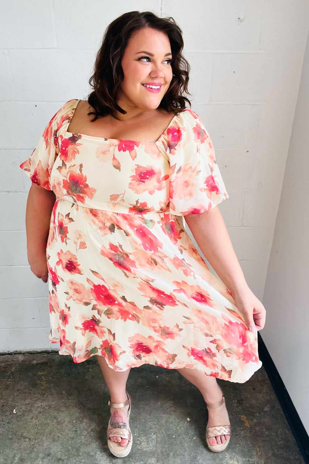 Peach Floral Chiffon Puff Sleeve Dress Small Peach Floral Chiffon Puff Sleeve Dress Small