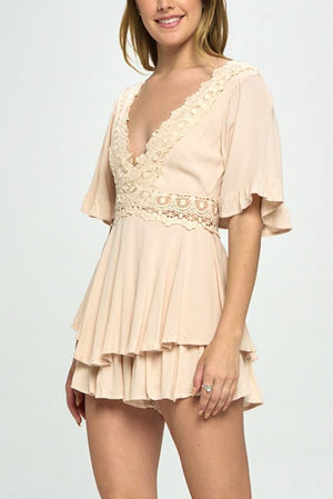 Flutter Sleeved Short Romper with Crochet Trim - Beige, White