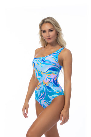 WAVE PRINTED ONE SHOULDER ONE PIECE
